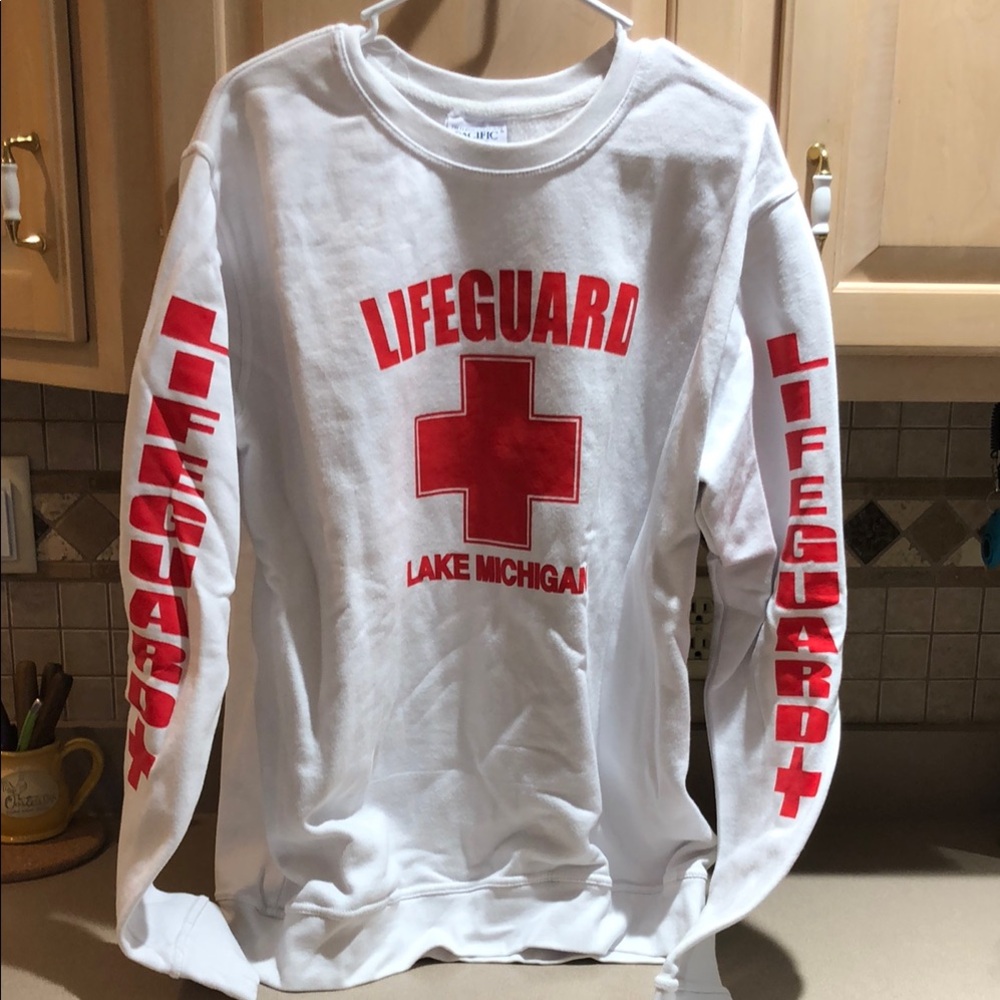 White Lifeguard Crewneck Sweatshirt with Red Print. Sz. XL